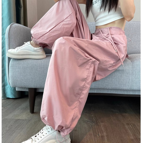 American style quick-dry work pants for girls, summer thin loose casual sports pants with drawstring, high-waisted wide-leg pants, trendy