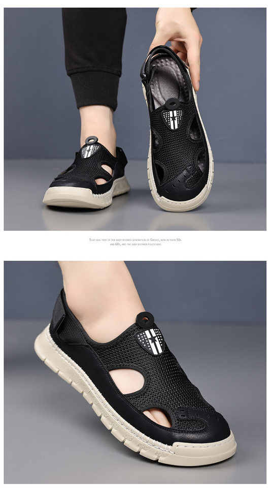 Giày sandal nam thân lưới dệt thoáng khí khoét lỗ, khóa dán, kiểu bao đầu, đi học và đi chơi mùa hè — Màu kaki, màu đen chi tiết 19