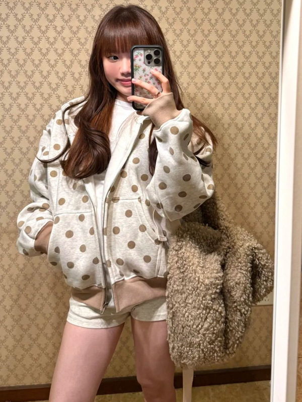 美式辣妹波点字母连帽开衫卫衣女春秋设计感宽松百搭oversize外套|undefined