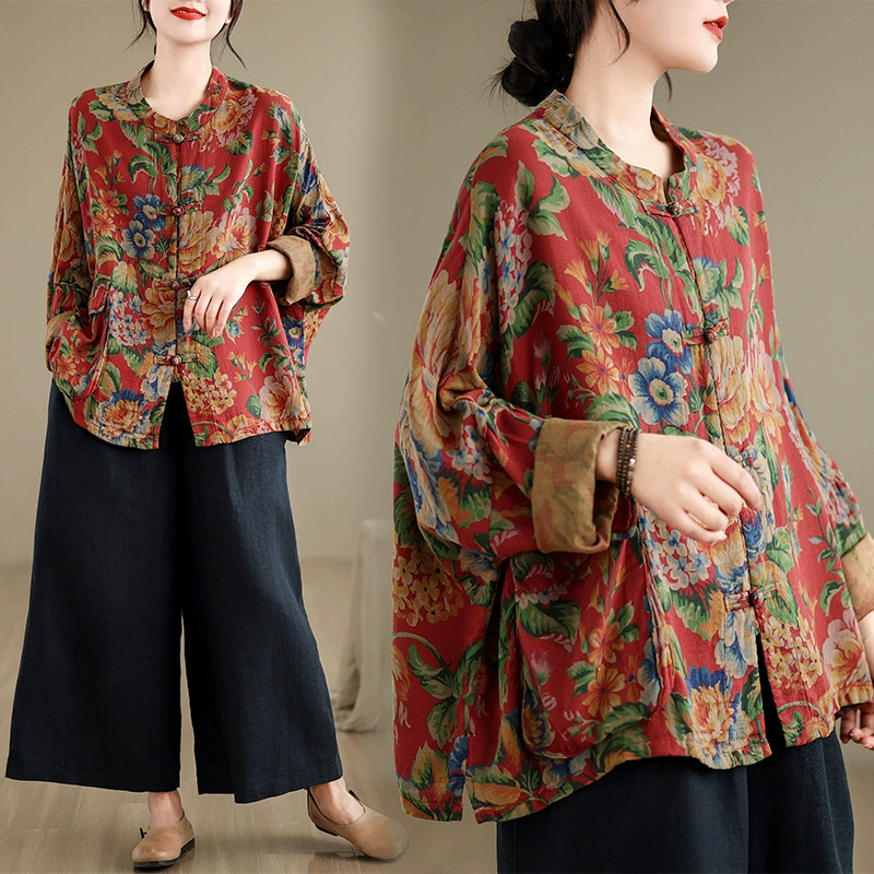 Реальный снимок хлопчатобумажной и льняной рубашки с принтом, пуговицами, чайного костюма, ретро-верхней одежды, нишевого жакета, кардигана, топа 2025 года.