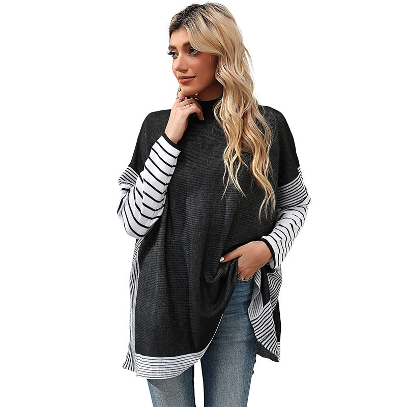 Pullover maglione mezzo dolcevita a righe con maniche a pipistrello_voghion.com