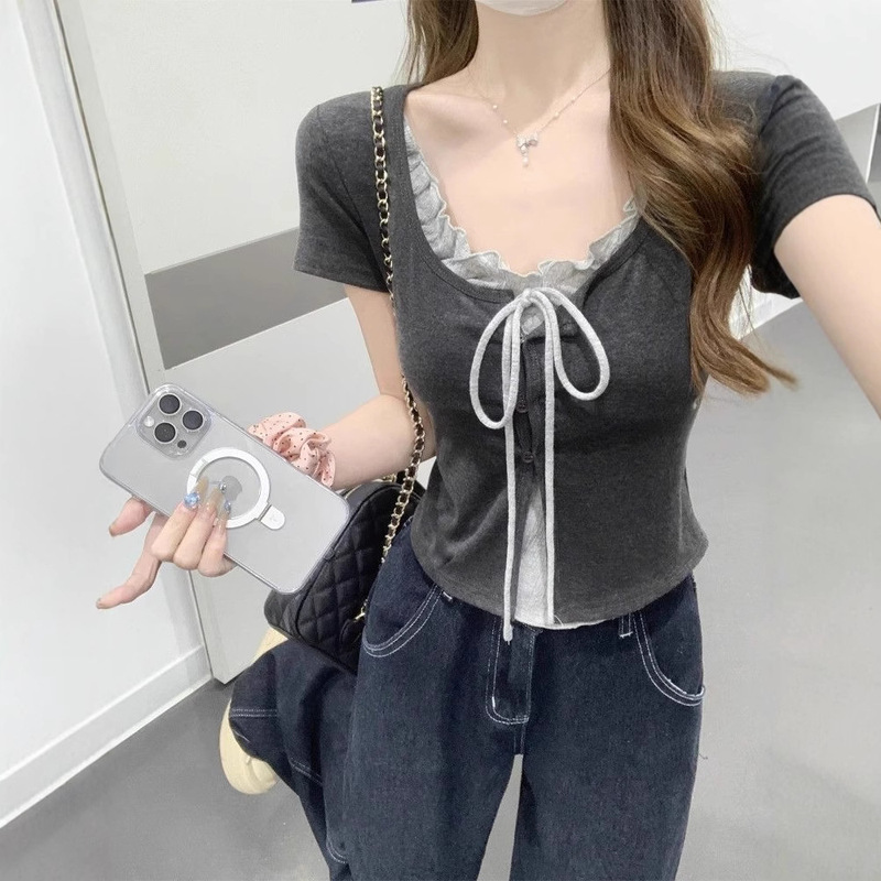 Designed Lace-Up Ear-Shaped U-Neck Short-Sleeved T-Shirt for Women Summer Niche Chic Fake Two-Piece Slim Right Shoulder Short Top