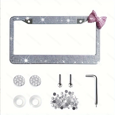 License plate holder/license plate holder, model, US standard, diamond-embellished bow-shaped - white-single-piece-with-pink-bow
