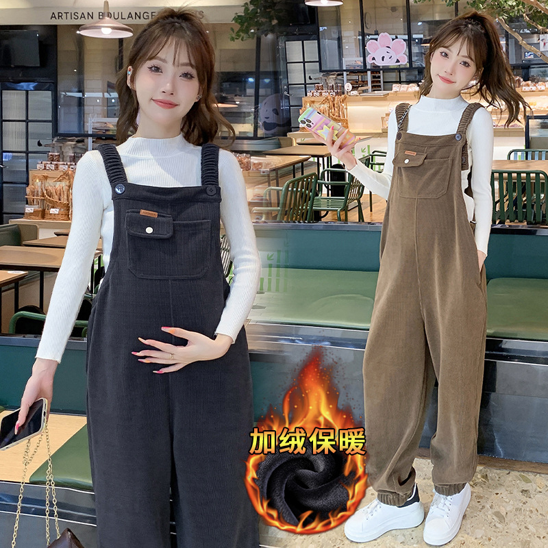 Maternity Wear Autumn Outfit Set with Fleece Overalls, Classy and Fashionable New Cotton Fleece Loose Large Size Suspender Pants for Pregnancy