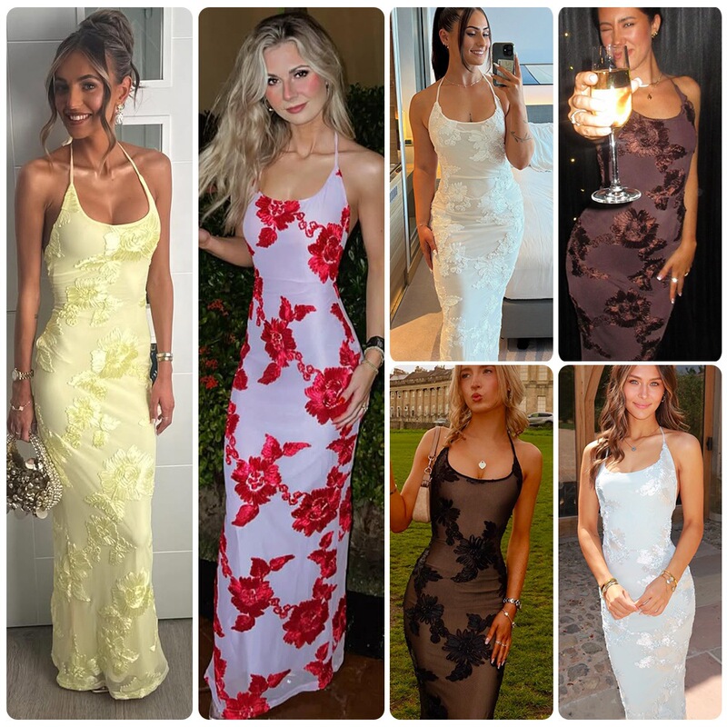 European and American foreign trade 2026 summer new collection: 3D embroidered floral halter-neck dress, slim-fit long dress, suitable for weddings and banquets European and American foreign trade 2026 summer new collection: 3D embroidered floral halter-neck dress, slim-fit long dress, suitable for weddings and banquets