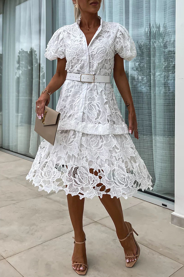 Regular Fit Fit Type Solid Color Pattern Summer Season Wholesale Women's Elegant Button Solid Color Holiday Date Standing Collar Short Sleeve Regular Dress