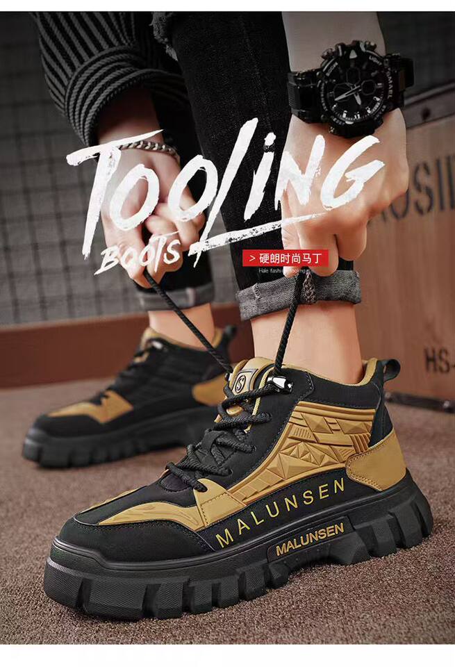Giày bốt Martin nam cổ cao phong cách retro, chống thấm nước, chống trượt, đế dày — A95 đen và vàng, A95 đen và xanh, A95 đen xám chi tiết 5