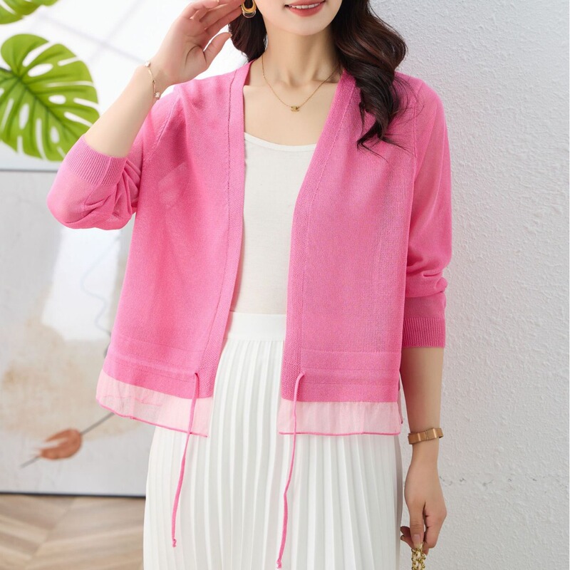 Plus Size Women's Spring and Summer Solid Color Short Lace Patchwork Drawstring Waist Sun Protection Knitted Cardigan Jacket Long Sleeves