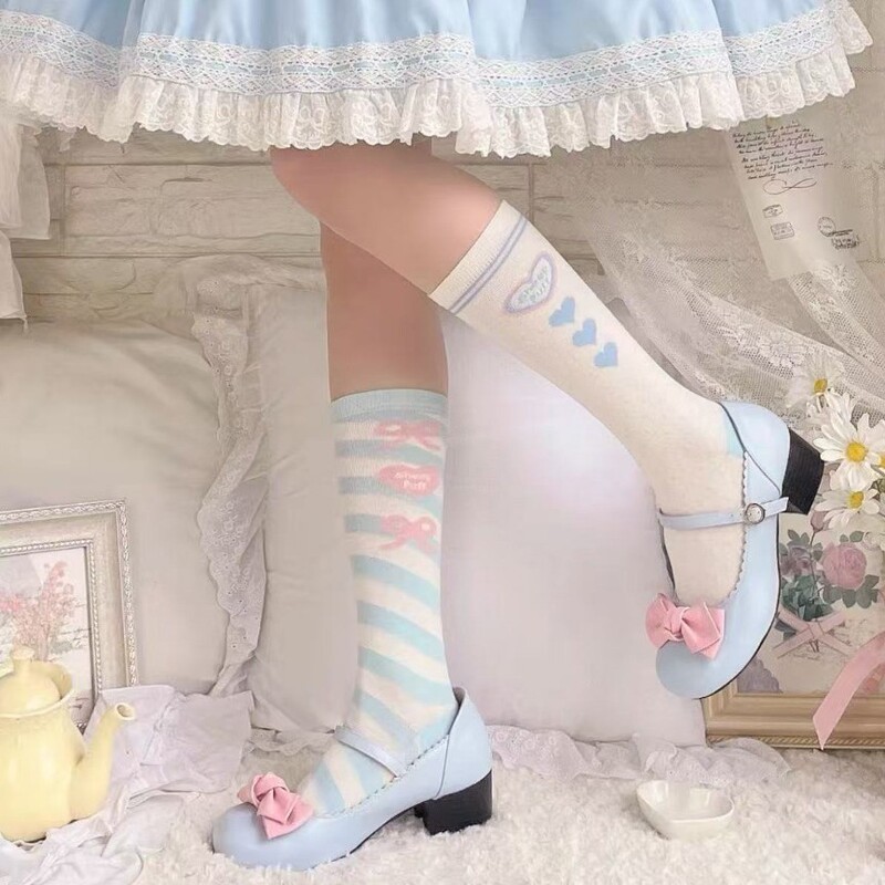 Original Sheep Puff Two-Tone Swan Socks Japanese Lolita Striped Cotton Socks Mid-Calf Socks for Women Spring/Summer Socks for Women
