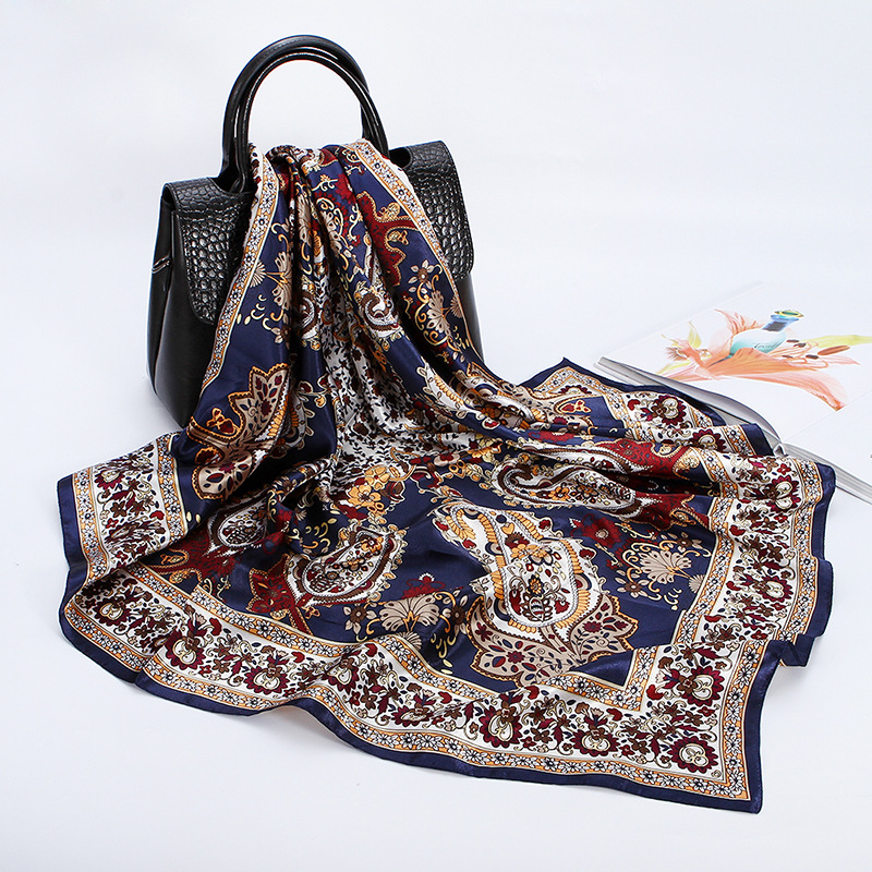 Winter, Summer, Spring Season Women's Elegant Flower Satin Printing Silk Scarves