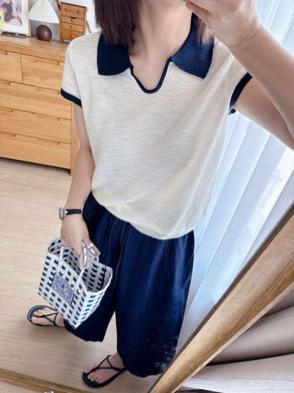 Mr.ファッション~快適で通気性のあるコントラストカラーラペルポロカラールーズスリムニット半袖Tシャツトップス|undefined