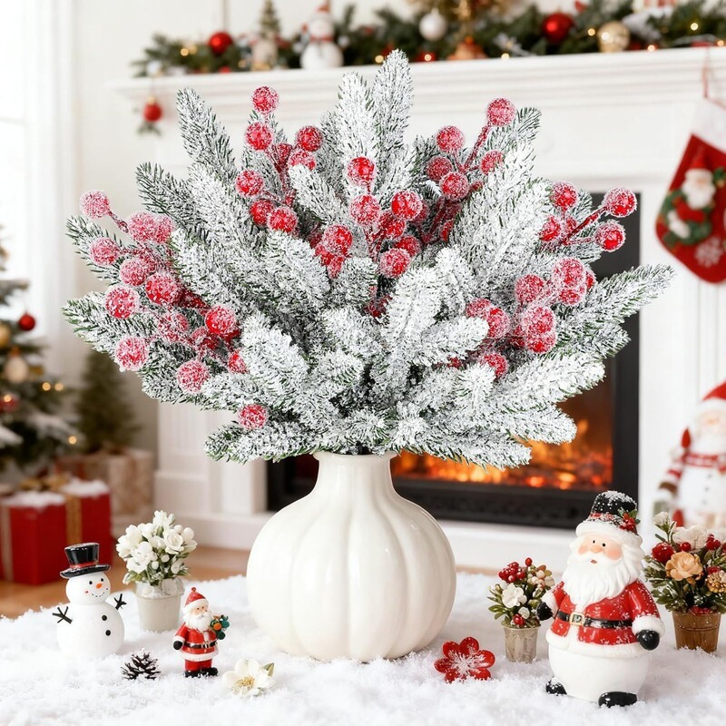 Single-piece arrangement with cedar needles, red berries, and green plants, featuring pine and cypress, for home and table decor, Christmas snow effect, cross-border shipping