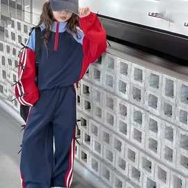新款学院风运动套装休闲卫衣外套裤子两件套洋气拼色设计感女童衣