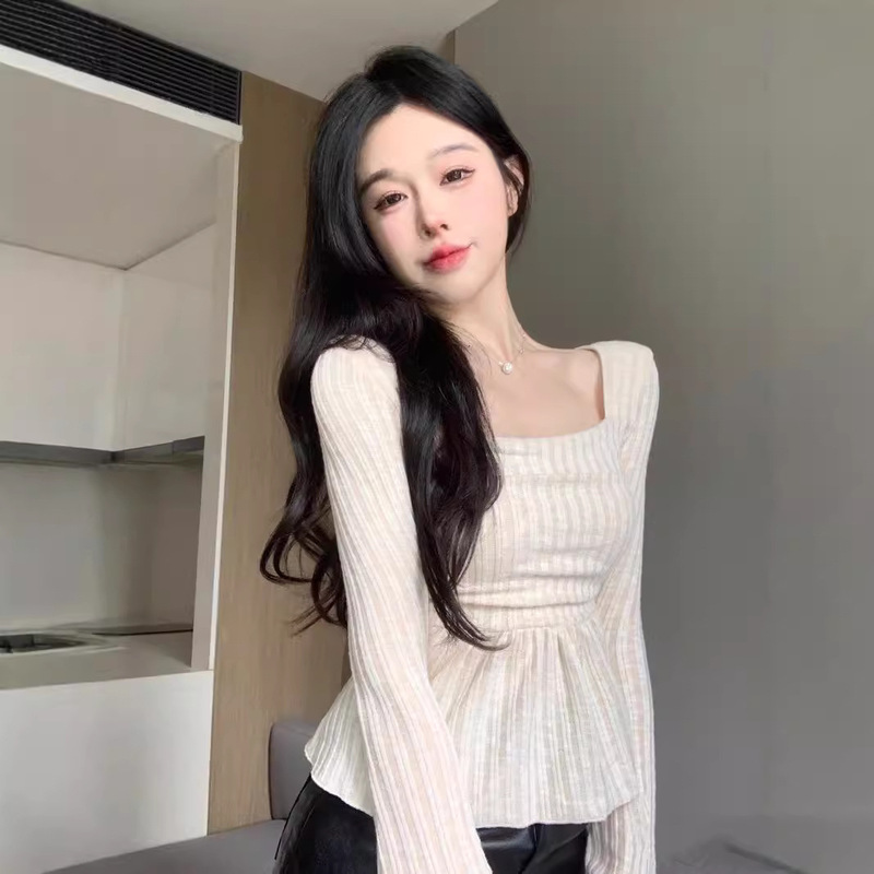 Autumn New Korean Style Sweet and Cute Style Square Neck Bell Sleeve Sweater Fluffy Hem Long Sleeve Top for Women