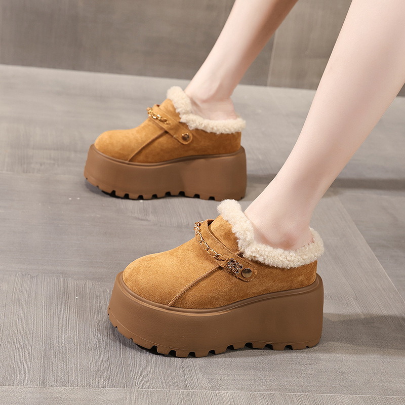 Dép lông giữ ấm mũi kín đế dày tăng chiều cao trong, phong cách Birkenstock thu đông — màu đen