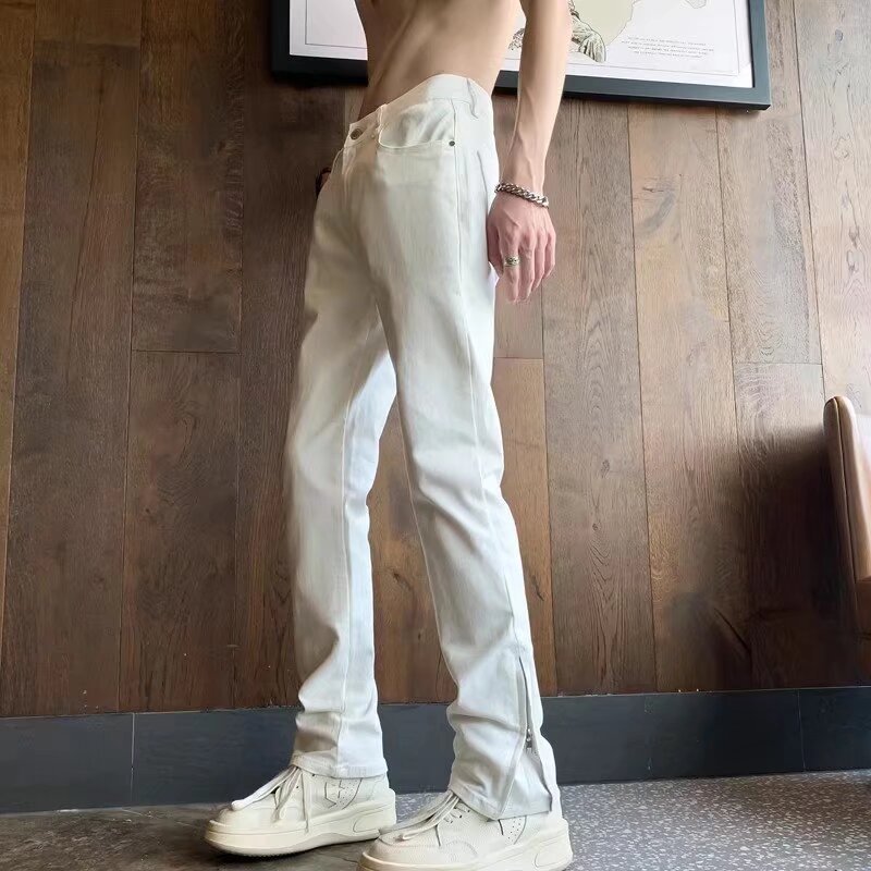 White Slim-fit Jeans Men's Autumn American Style Pants Ruffian Handsome Zipper Split Fork Lift Slightly Straight-leg Pants_mkmklike.com