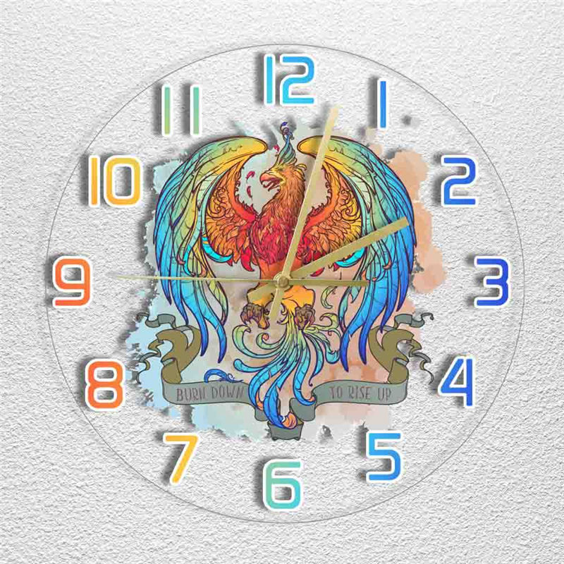 Cross-border Led Light Transparent Wall Clock Burning Up Legend Phoenix Bird Color Clock Firebird Myth Decorative Wall Clock