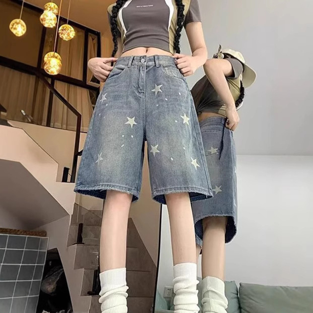 Summer Retro Washed Star Jeans for Women American Street Straight Loose Slimming Wide Leg Five-Point Shorts