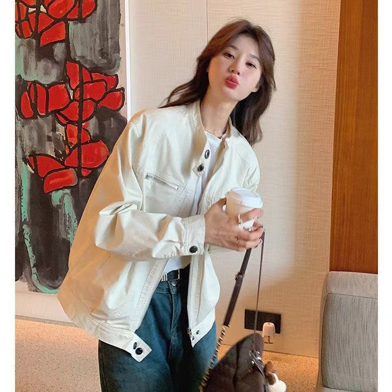 双层有里布 美式立领工装外套女春秋跨境新款宽松百搭休闲夹克衫|undefined