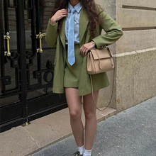 2025跨境欧美风新款时尚休闲气质纯色翻领长袖西装外套短裙套装女