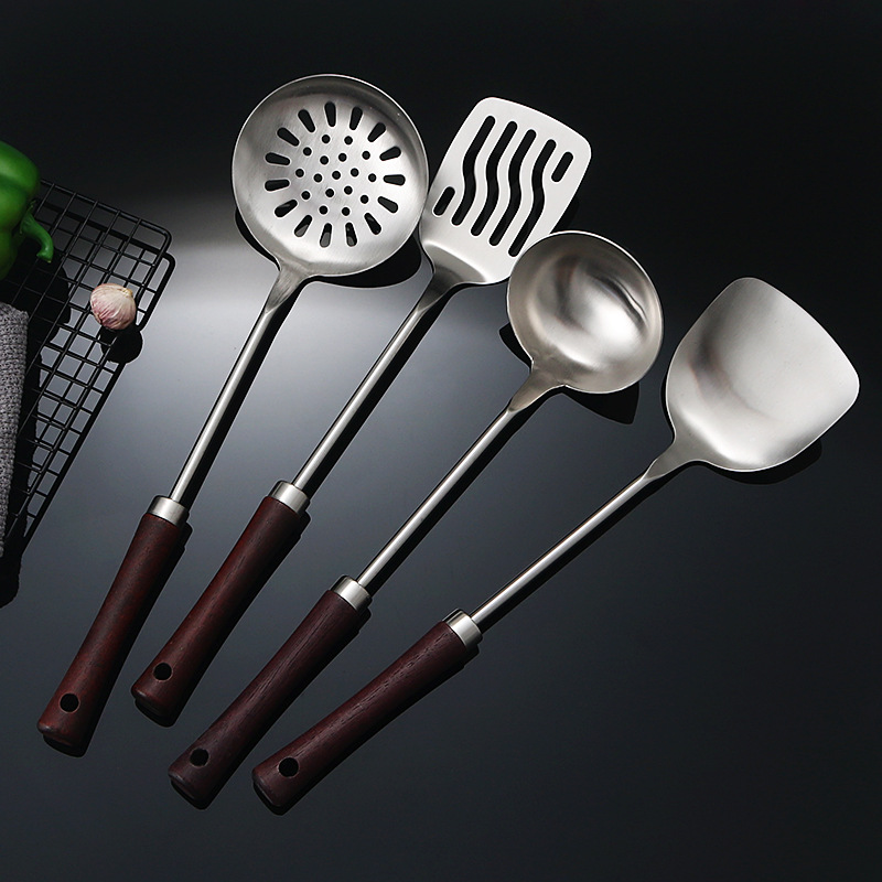 304 espátula de acero inoxidable espátula plana cuchara de sopa colador mango de madera cocina del hogar cocina espátula pequeña cintura conjunto de cuatro piezas
