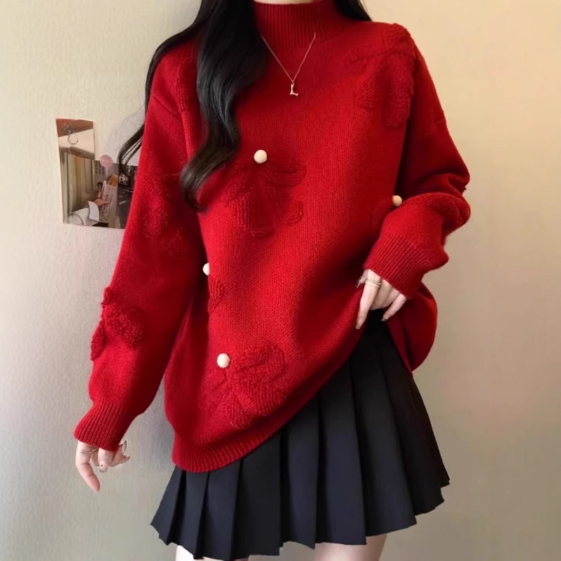 Christmas New Year Red Flower Lazy Sweater Women's Autumn and Winter plus size chubby girl Loose Slimming Mid-length Knitted Top