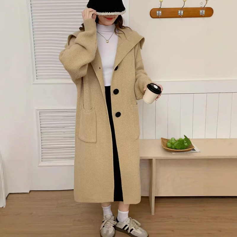 Cross-Border Foreign Trade Korean Style Loose Lazy Style Sweater Cardigan Autumn and Winter New Versatile Solid Color Hooded Knitted Long Coat Cross-Border Foreign Trade Korean Style Loose Lazy Style Sweater Cardigan Autumn and Winter New Versatile Solid Color Hooded Knitted Long Coat