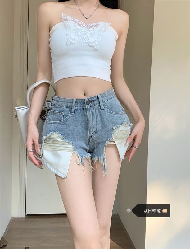 女性用パーソナライズされたリップドデニムショートパンツ、夏用薄手ショートパンツ、デニムホットパンツ、夏のホットガールタイト超ショートパンツ|undefined