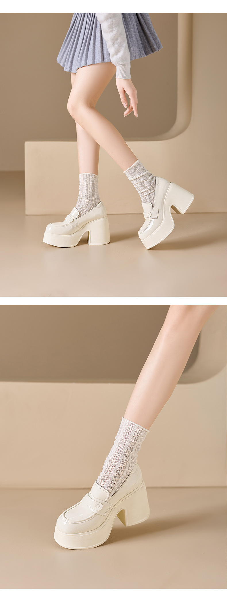 Giày loafer nữ gót vuông cao 10 cm da thật cổ sâu phong cách JK — màu đen, màu trắng ngà chi tiết 5