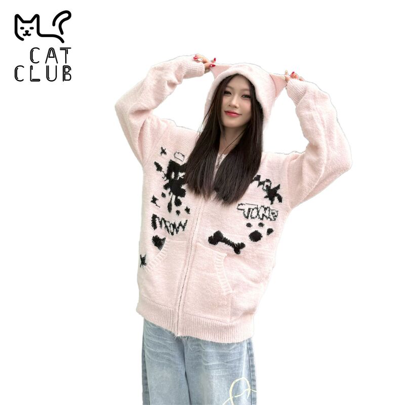 Cat Club Japanese Style Cute Cat Jacquard Knitted Cardigan Hooded Ears Sweet Imitation Mink Sweater Jacket