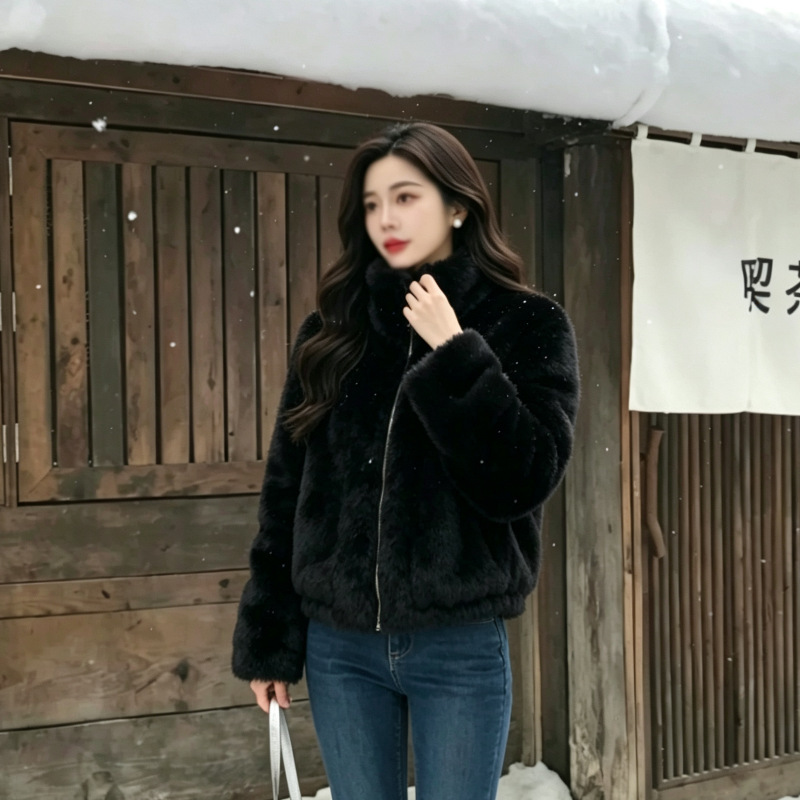 Cross-border European and American style faux mink fur coat, women's short, versatile fur top with a stand-up collar, black, loose-fitting, fashionable coat