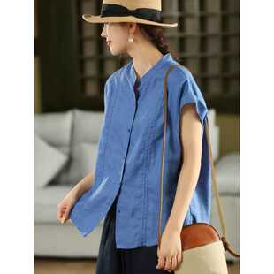 2025 French Linen Shirt, Feminine Cut Out Stand-Up Collar Short-Sleeved Top, Slimming Look Stereo Splicing Shirt Summer