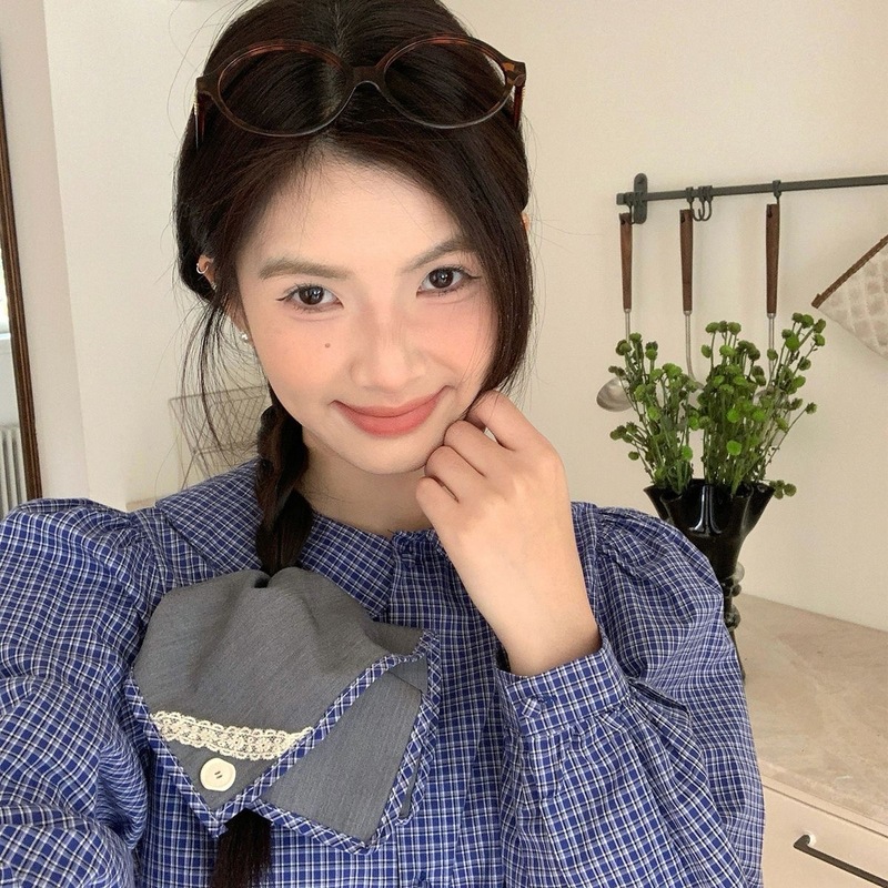 甜美蓝格纹灰色发夹少女复古布艺抓夹高马尾头饰盘发鲨鱼夹发饰女|undefined