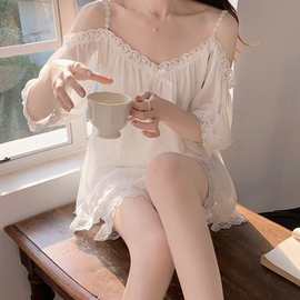 2025新款睡衣春秋女一字领露肩两件套宫廷风睡衣露肩睡裙蕾丝白色