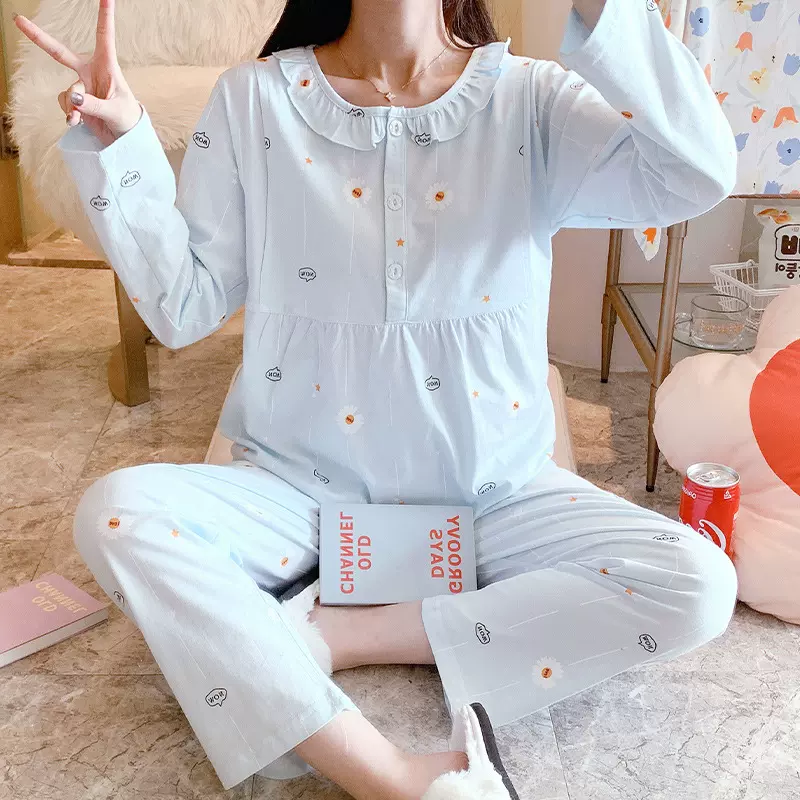 夏季女士纯棉睡衣月子服家居服开衫圆领长袖长裤孕妇哺乳喂奶套装