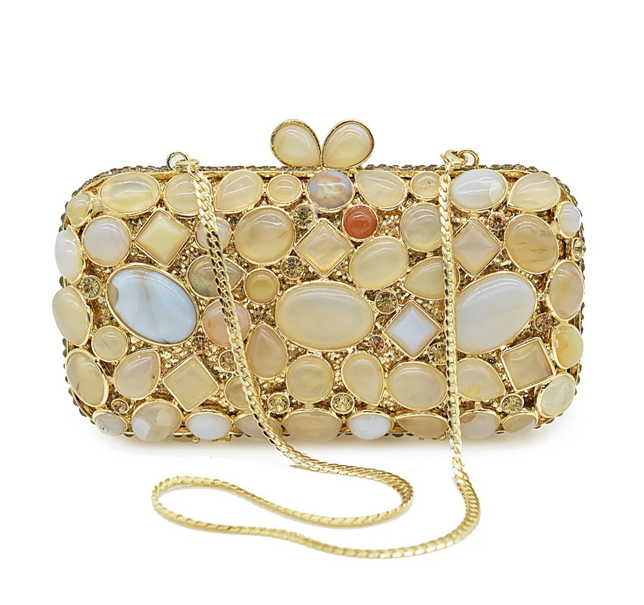 Túi clutch dạ tiệc đính đá rhinestone mã não màu ngọc lam — Màu vàng chi tiết 5