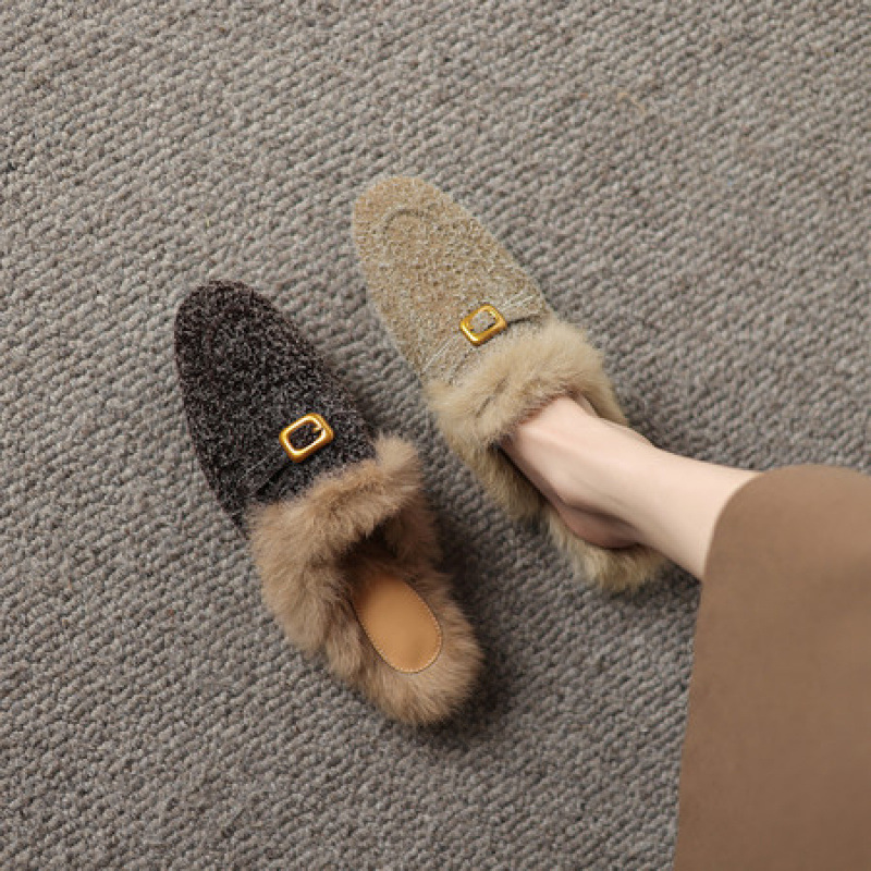 真皮毛毛拖鞋女外穿秋冬季2025新款办公室一脚蹬女鞋粗低跟棉拖靴