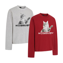 320克棉美式复古圆领套头可爱猫咪印花设计宽松时尚男长袖T恤上衣