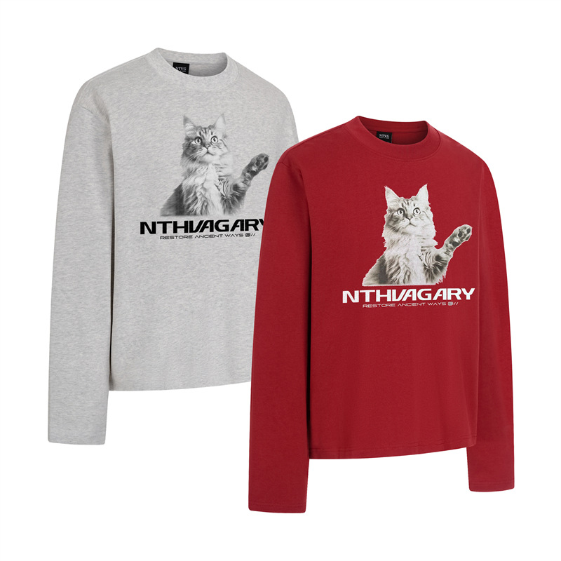 320克棉美式复古圆领套头可爱猫咪印花设计宽松时尚男长袖T恤上衣