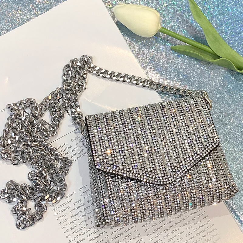 Cross-border Bag Explosive Women's Bag Chain Super Flash Full of Rhinestones Small Square Bag Crossbody Bag Fashionable All-match Celebrity Evening Bag