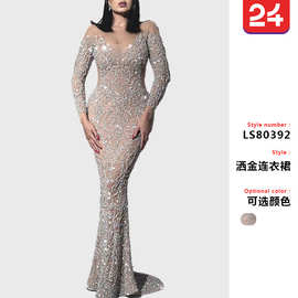 2024跨境春季新款 欧美外贸女装烫金长袖修身性感长裙宴会晚礼服