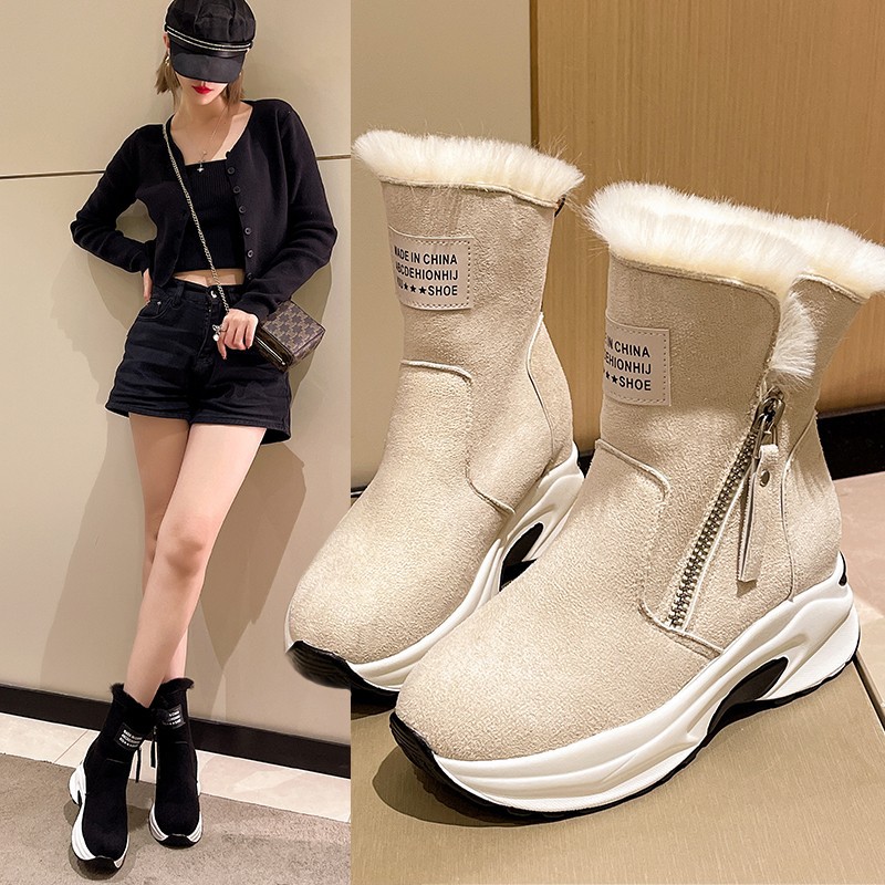 2023 Winter New Round Head Plush Thermal Side Zipper Low Barrel Flat Bottom Casual Student Women's Snow Boots_voghion.com