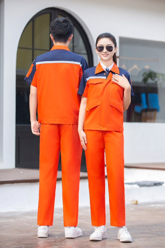 夏薄い半袖作業服スーツメンズ反射ストリップ通気性労働保護服工場ワークショップ作業服トップロゴ|undefined
