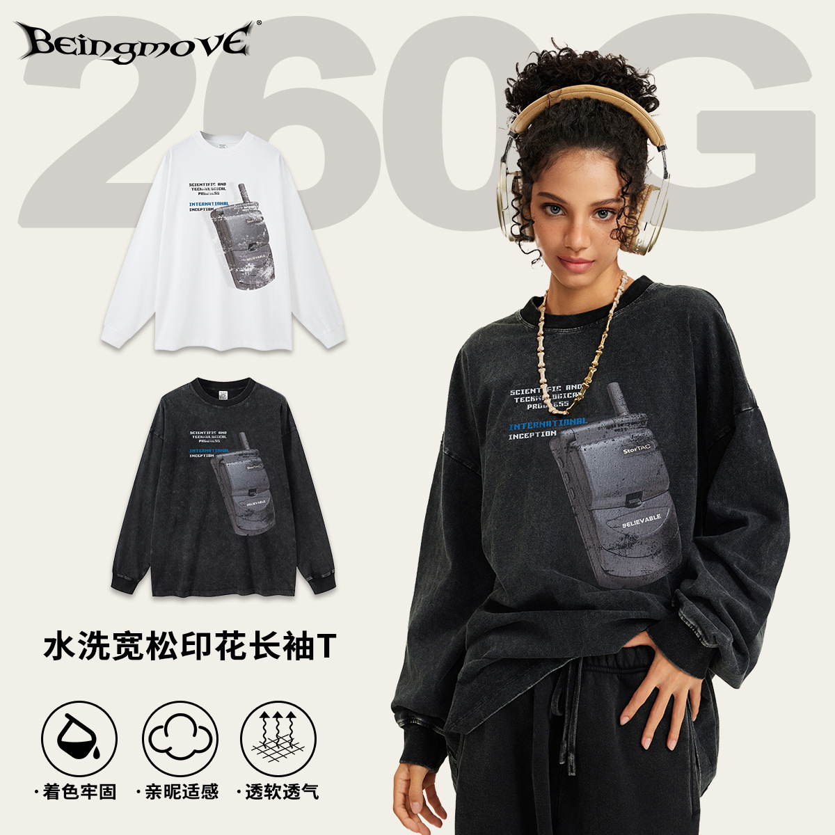 2025 otoño retro americano PHS impresión de inyección directa y2k camisetas de manga larga de cuello redondo de gran tamaño personalizadas para hombres