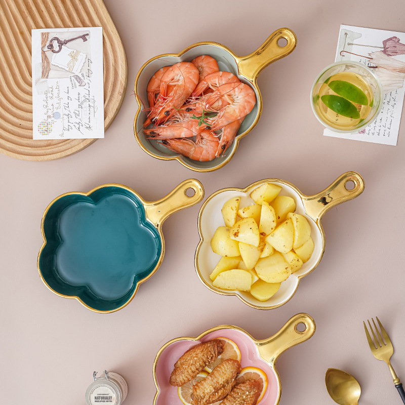 Nórdico de cerámica encaje tazón creativo red oro rojo borde fideos tazón con mango ins estilo hogar ensalada fruta postre tazón