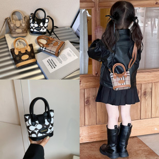 2024ins New Children's Leather Vegetable Basket Shoulder Crossbody Handbag Casual Out Solid Color Fashion Crossbody