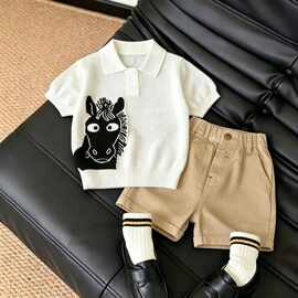 韩版男童夏装套装2026新款儿童衣服洋气百搭短袖薄款针织衫短裤潮