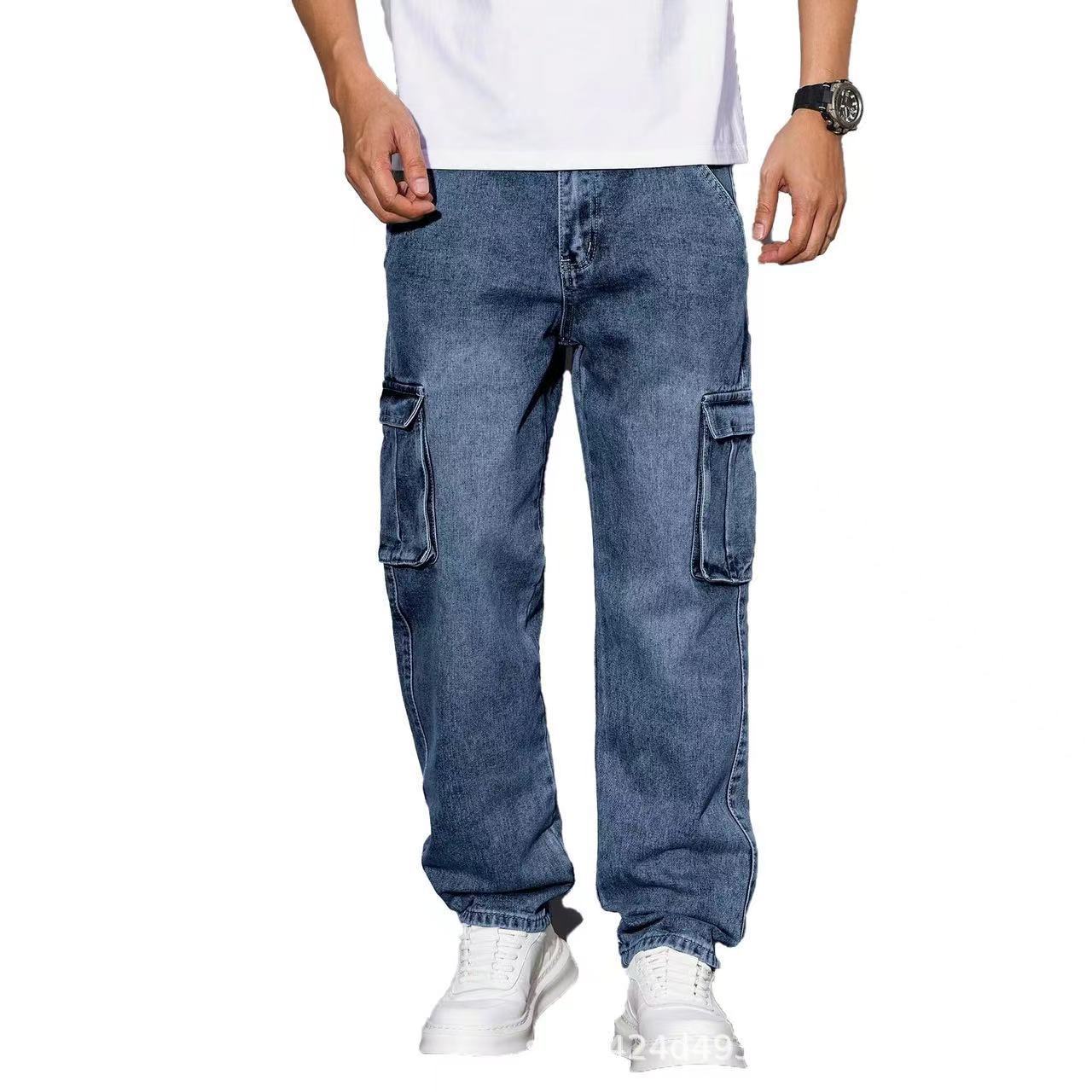 American High Street Style Cool Retro Multi-Pocket Workwear Jeans, Spring and Autumn Loose Straight Casual Pants