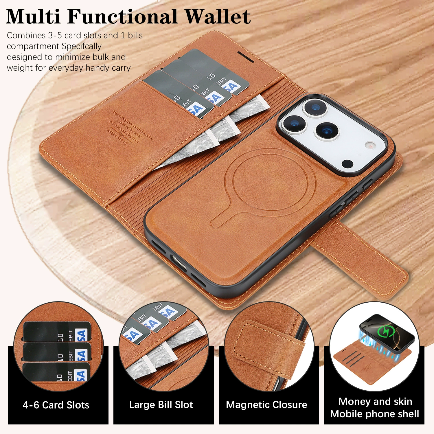 Suitable for iPhone17Pro Max wireless charging leather case MagSafe two-in-one plug-in card split protective case