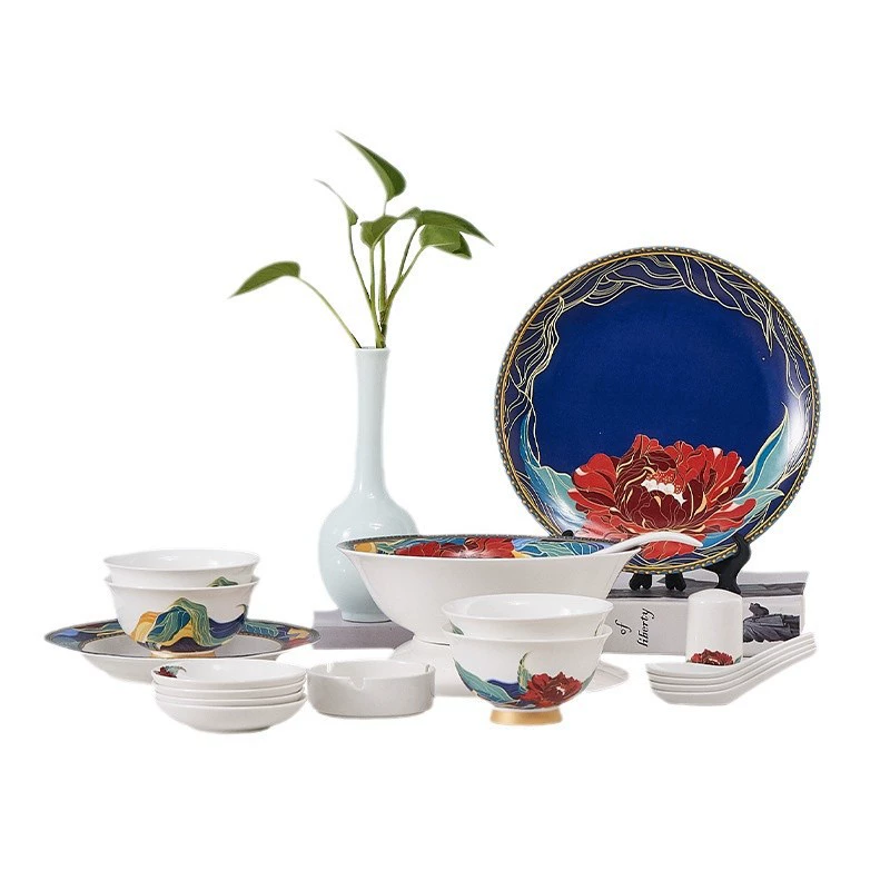 National Trend Peony Ceramic Tableware 16 Skull and Porcelain Gift Combination Gift New Chinese Spoons Bowls and Dish Thermal Transfer Tableware